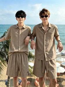 OUMULONG | Summer Beach Linen Shirt and Shorts Set For Men