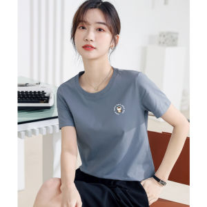 Summer Pure Cotton Short Sleeve T-Shirt Womens Blue Long Staple Cotton Trendy Print round Neck Half Sleeve Top New 2025