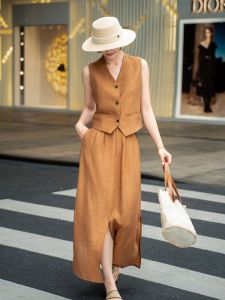 YUFUQING | V-Neck Sleeveless Vest Top Womens High Waist Midi Skirt Two-Piece Set Summer Fashion Casual Polyester Fiber Straight Cut