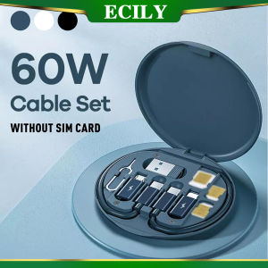 ECILY 5in 1 Multifunctional 60W Type C Data Cable Set Fast Charge for iPhone Chargers Storage Box Card Pin Travel Box Phone Holder