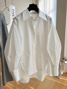2023 Autumn Winter Fashion Design Loose Long Sleeve Womens Shirt with Fleece Inner Commute Style Polyester Cotton Blend