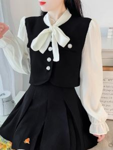 Early Autumn French Bubble Sleeve Set Elegant Ladylike Style Two-Piece Suit Polyester Long Sleeve Shirt with Pleated Skirt