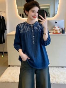 AIYITI | Áo Jean Tay Ngắn Thêu Dân Tộc Cổ Điển Size Lớn