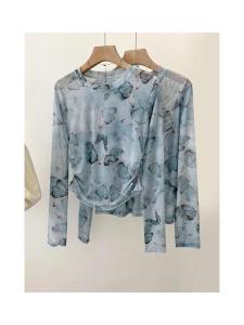 เสื้อเชิ้ตผ้าตาข่ายบางสไตล์สตรีทแฟชั่น ป้องกันแสงแดด แขนยาว ทรงเข้ารูป ดีไซน์รัดเอว ดีไซน์เก๋ไก๋ สำหรับผู้หญิง