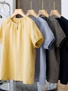 Artistic Pure Color Cotton Linen Short Sleeve T-Shirt Women Summer round Neck Casual Commute Simple Overhead Linen Shirt Anti-Aging Top