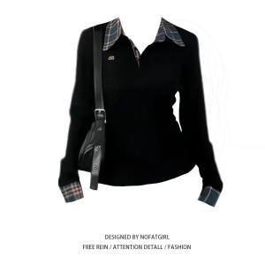 Slim Fit American Style POLO Neck Long Sleeve T-Shirt Womens New Fashion Embroidery Red Checkered Top Trendy Commute Pure Color