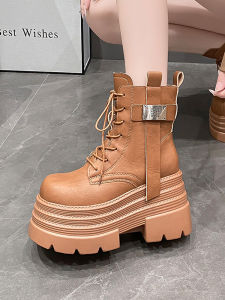 ผู้หญิง Martin Boots พื้นหนาพิเศษ ผ้าขนแกะ เรียงรายสไตล์มอเตอร์ไซค์ ฤดูหนาว รองเท้าบูทสั้นส้นสูง ลำลอง การเชื่อมด้วยกาวแบบหัวมน