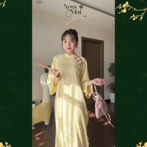 Áo dài nữ cách tân Cơ Uyển dáng suông cổ cao tay lỡ vải gấm mặc chụp ảnh Tết – Áo dài Ngọc Mai