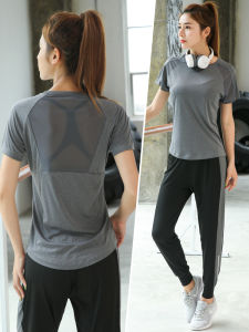 Breathable Mesh Yoga Set Womens Running Fitness Sport Shortsleeve Top And Pants Two Piece Suite Outdoor Wear Spring Summer