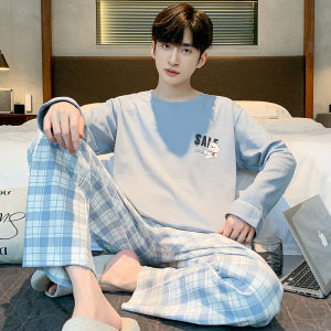 Pure ผ้าฝ้าย แขนยาว ชุดนอน ชุด ลำลอง Home Leisure เสื้อผ้าผู้ชายสบายคอกลมพิมพ์ ดีไซน์ ผ้าฝ้าย ชุดนอน