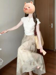 CHANGTONG | ชุดสองชิ้นสไตล์จีนใหม่ ชุดกระโปรงยาวปานกลางพร้อมกระดุมสไตล์ญี่ปุ่น ชุดทำงานฤดูร้อนสำหรับผู้หญิง