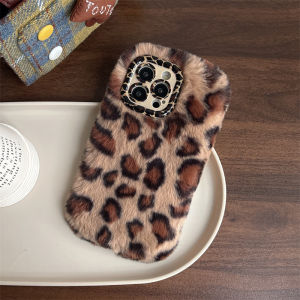 Fashion Leopard Furry Plush Lens Bracket With Bracelet Phone Case For iPhone 17 Air 15 14 13 12 11 16 Pro Max Shockproof Cover