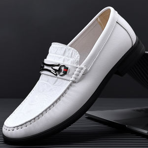 Mens Comfortable Soft Bottom Driving Bean Bean Shoes Casual White Sneakers Fashionable Formal Leather Shoes round Toe Rubber Sole