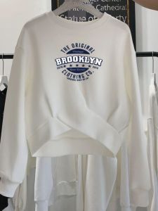 เสื้อฮู้ดแขนยาวสีขาวสำหรับผู้หญิง ทรงหลวม ปกติ แขนยาว ปกติ ฤดูใบไม้ร่วง/ฤดูหนาว เสื้อผ้าทำงาน สไตล์เกาหลี เสื้อผ้าทำงาน