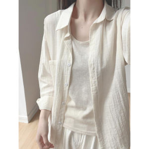 Summer Thin Casual Loose Cotton Linen Shirt Womens Polo Collar Button up Breathable Outerwear Lightweight Long Sleeve Shirt