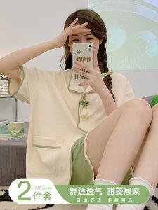 ชุดนอนผู้หญิงแขนสั้นบางสีหวานๆ สำหรับฤดูร้อนปี 2025 ชุดอยู่บ้านผ้าฝ้าย 2 ชิ้น ชุดนอนผู้หญิงแบบลำลองสำหรับใส่ไปกลางแจ้งได้