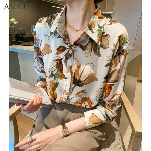 AMMIN 2023เสื้อผู้หญิงพิมพ์ลายดอกไม้เสื้อแขนยาวผ้าชีฟองทรงหลวมแฟชั่นสไตล์เกาหลีเสื้อผ้าชีฟอง