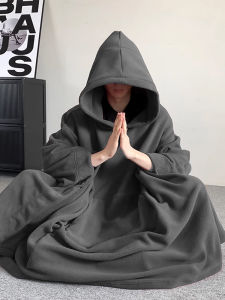 Long Zen Style Robe for Men Traditional Chinese Buddhist Sleepwear Casual Loose Fit Polyester Hooded Jacket for Meditation