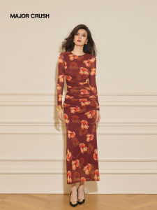 Vintage Brown Floral Print Pencil Skirt