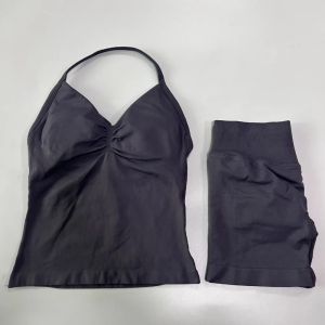 2 Pieces Sports Set Women Backless Tank Tops High Waist Scrunch Seamless Shorts Gym Set Sportswear Workout Set DF Yoga