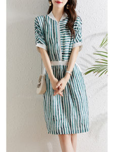 Summer OL Style Splice Design Stripe Chiffon Dress Womens Short Sleeve mid Waist Slimming A-Line Skirt Fashionable Business Women Dress