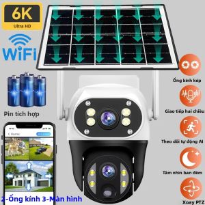 Camera Năng Lượng Mặt Trời 6K 12MP Wifi Ngoài Trời Hai Ống Kính Ba Màn Hình Giám Sát Nhà Cửa Với Tầm Nhìn Ban Đêm Điều Khiển Bằng Ứng Dụng PTZ V380 Pro Sử Dụng Pin