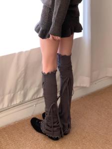 Retro Millennium Y2K Warm Lace Trim Bow Tie over Knee Leggings Ballet Style Long Tube Socks with Wood Grain Edge