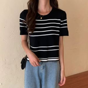 Summer 2024 new striped slim short hot chic t-shirt thin ice silk short-sleeved knit sweater womens tops F1104