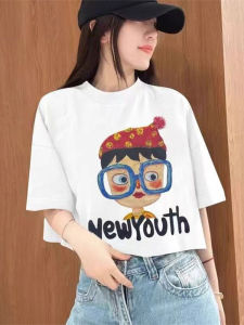 Shalldoer | Casual Style Short Sleeve T-Shirt Womens Fashion Cartoon Letter Print Thin Summer Top Versatile Loose Fit Round Neck Shirt