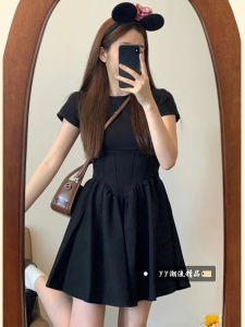 Elegant Black Fishbone A-Line Mini Dress Womens Winter New Style Slimming High Waist French Style Casual Short Skirt