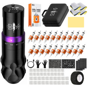 DMTATTOO | DM Gorilla Wireless Tattoo Kit Adjustable Stroke 2.4-4.2mm Tattoo Machine 1500mAh Powerful Low Noise Motor Orange Needle Ink Cup
