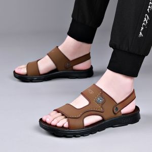 Avignon Mens Sandals Breathable Leather Casual Beach Shoes Anti-slip Two-use Slippers Comfortable Wear-resistant Summer Sandals