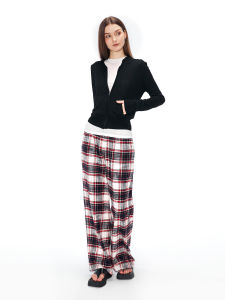 Low Waist Wide Leg Pants Retro Plaid Pure Cotton Flocking Home Leisure Slimming Floor-Length Pants Versatile Womens Pants