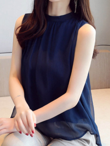 Womens Sleeveless Viscose Shirt Summer Fashion Loose Belly Covering Trendy Top round Neck Button Detail Korean Style