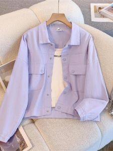 แจ็คเก็ตยีนส์สีอ่อนฤดูใบไม้ผลิฤดูใบไม้ร่วงสำหรับผู้หญิง แจ็คเก็ตยีนส์ทรงหลวม แขนยาว ปกโปโล ปกติ แจ็คเก็ตแฟชั่น