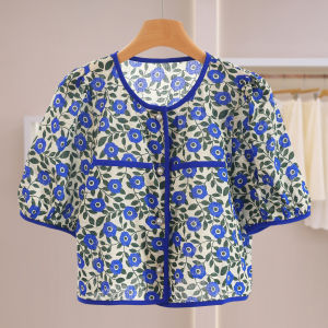 Flattering Round Neck Button Down Flower Pattern Shirt