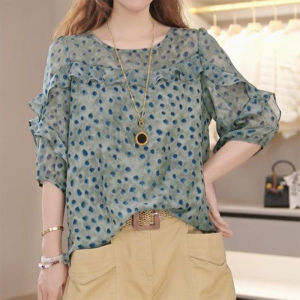 Shalldoer | Áo sơ mi tay ngắn in họa tiết thời trang cổ tròn cho nữ mùa hè 2025 Áo sơ mi thường ngày đa năng phong cách mới của thương hiệu Xiangduor