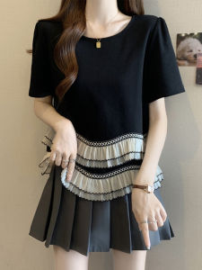 plus Size Womens T-Shirt Loose Short Sleeve round Neck Princess Style Sweet Flavor Summer Slimming Top with Gathers