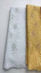 Black African Cotton Lace Fabric - Green Floral Pattern 5Yards Swiss Voile With Stones For Womens Bridal & Traditional Attire
