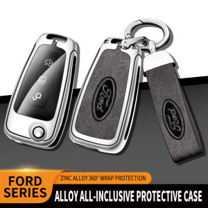 Genuine Leather Flip Remote Car Key Fob Case Cover Shell Holder Protector Zinc Alloy Metal Keychain For Ford Ranger Wildtrak Kuga Fiesta Ecosport Mondeo Focus Escape Transit Connect Custom Galaxy Tourneo C-Max S-Max