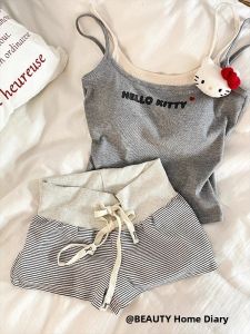 Sweet Girl Kitty Pad Shoulder Strap Short Pants Home Clothes Striped Womens New 2025 High Waist Loose Korean Style Commuting