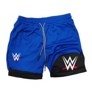 New WWE American Logo Printing 2-in-1 Mens Running Shorts Pants Fitness Performance Shorts with Phone Pocket Towel Ring Sports