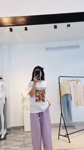 Set Bộ Thun Tăm Quần Dài Kẻ Caro Baggy Áo Thun Tăm In Hình Nơ Set Đồ Mặc Đi Học Thêm Mặc Nhà Đi Chơi