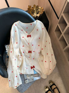 SHENGHUOYA | Áo Blouse Dài Tay In Hình Tim Đầy Đủ Phong Cách Pháp