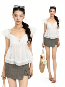 White V-Neck Lace Sleeve Sweet T-Shirt