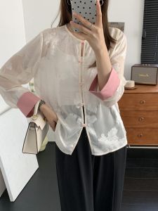 Áo Sơ Mi Nữ Tay Dài Cổ Tròn in Họa Tiết Phong Cách Mới Mùa Hè 2025 Áo Khoác Ngoài Trong Suốt Áo Chống Nắng Áo Sơ Mi Nữ