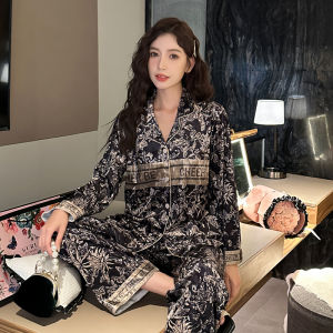 Spring Autumn Gold Velvet Sleepwear Womens Luxury Floral Small Collar Home Clothes Long Sleeve Soft Polyester Straight Leg