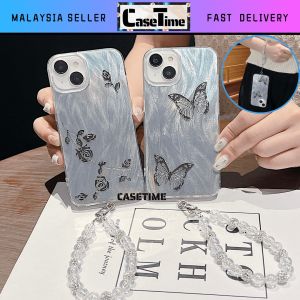 IPH 11 12 13 14 15 16 Plus Pro Max butterfly rose flower pearl bangle chain feather hard phone case casing cover 羽纱手机壳