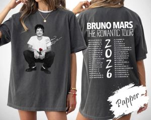 Bruno Mars The Romantic Tour Inspired Print Short Sleeve Cotton T-shirt 2026 Retro Pop Concert Men Women Tee Music Fan Gift