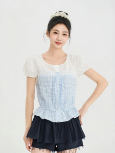 SANFU | Elegant Lace Patchwork Two-Piece Illusion Short Sleeve Blouse